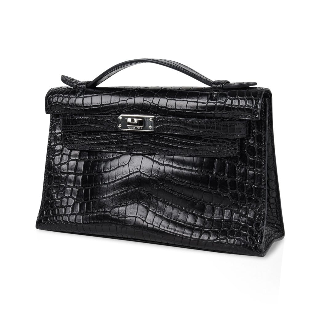 👜Kelly Pochette Bag Matte Black Crocodile Clutch Palladium