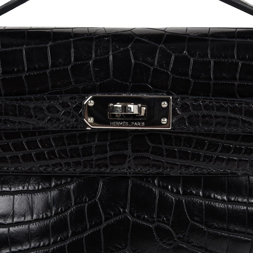 👜Kelly Pochette Bag Matte Black Crocodile Clutch Palladium