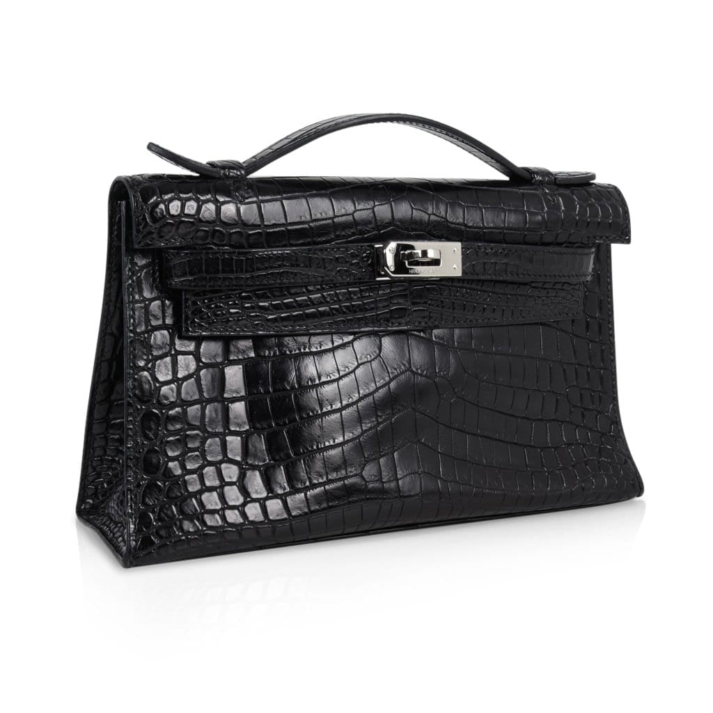 👜Kelly Pochette Bag Matte Black Crocodile Clutch Palladium