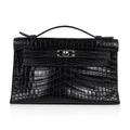 👜Kelly Pochette Bag Matte Black Crocodile Clutch Palladium