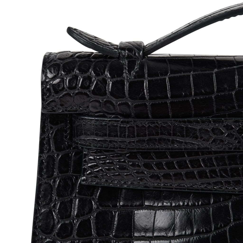 👜Kelly Pochette Bag Matte Black Crocodile Clutch Palladium