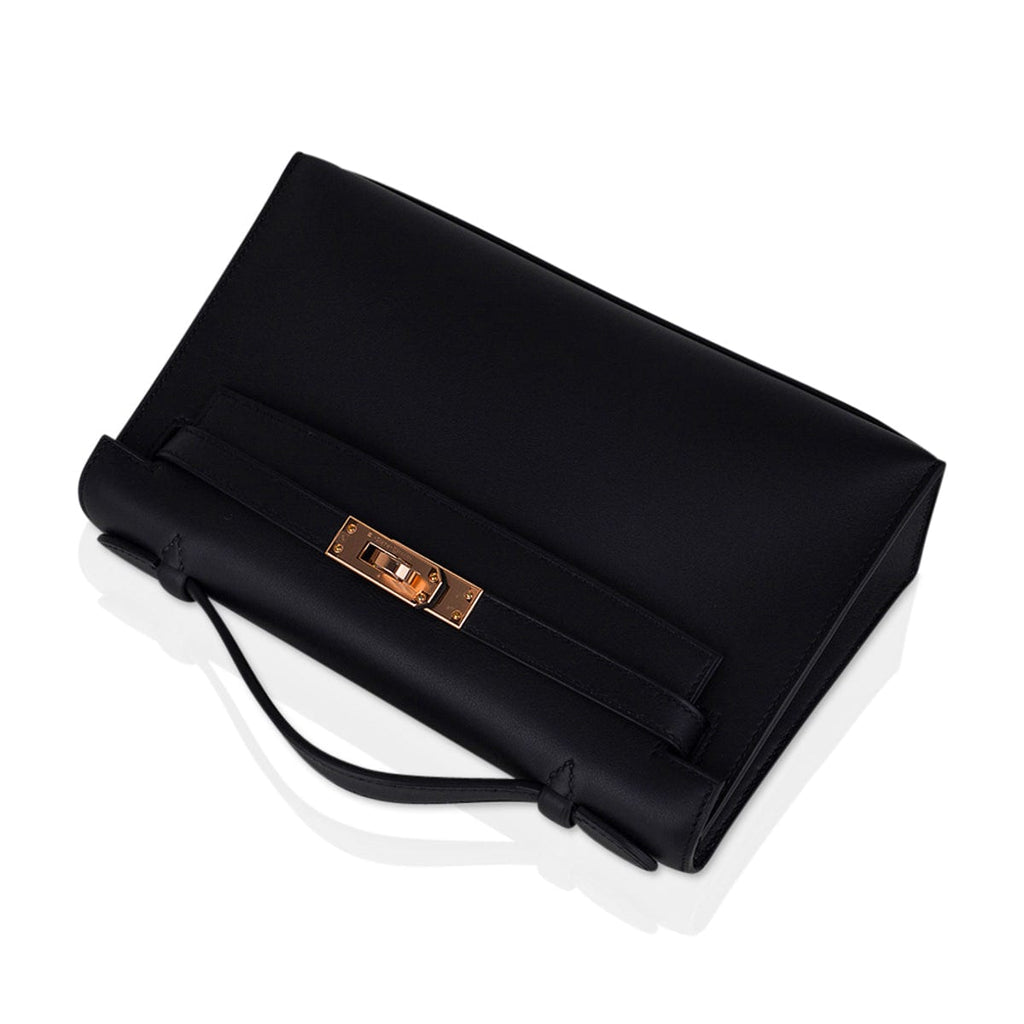 👜Kelly Pochette Bag Black Rose Gold Hardware Clutch