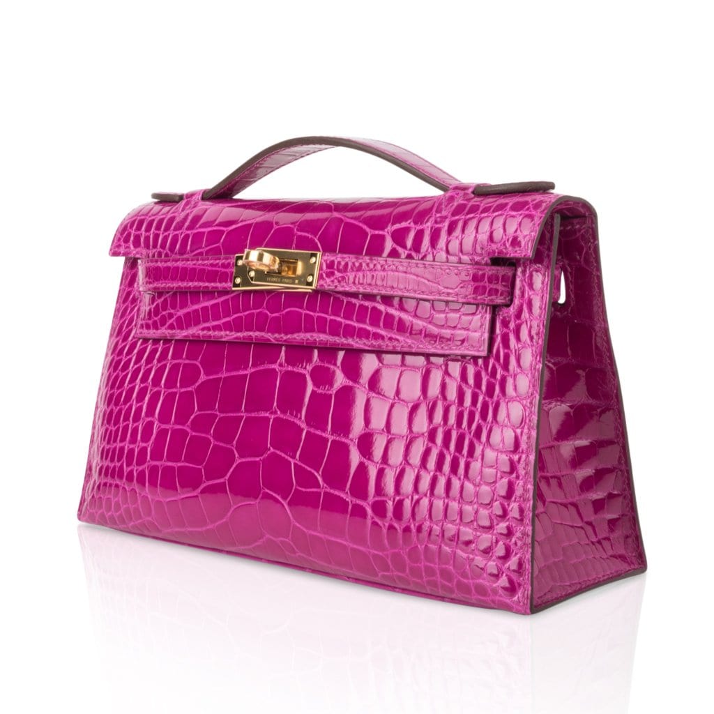 👜Kelly Pochette Clutch Bag Rose Scheherazade Pink Alligator Gold Hardware