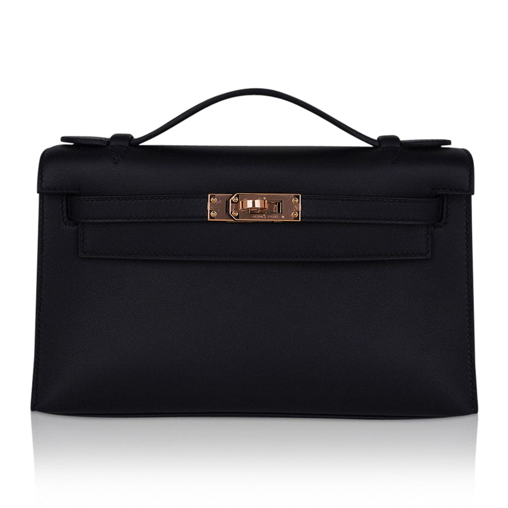 👜Kelly Pochette Bag Black Rose Gold Hardware Clutch