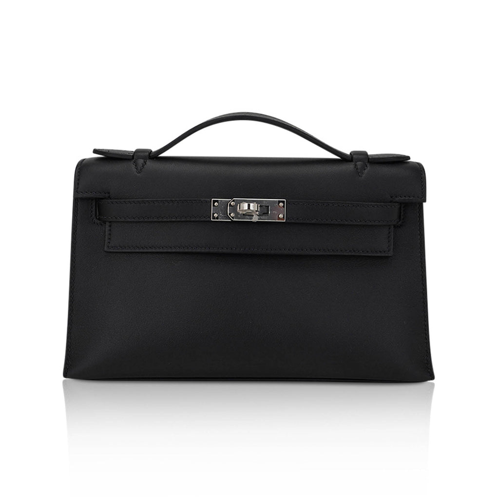 👜Kelly Pochette Clutch Bag Black Swift Leather with Palladium Hardware