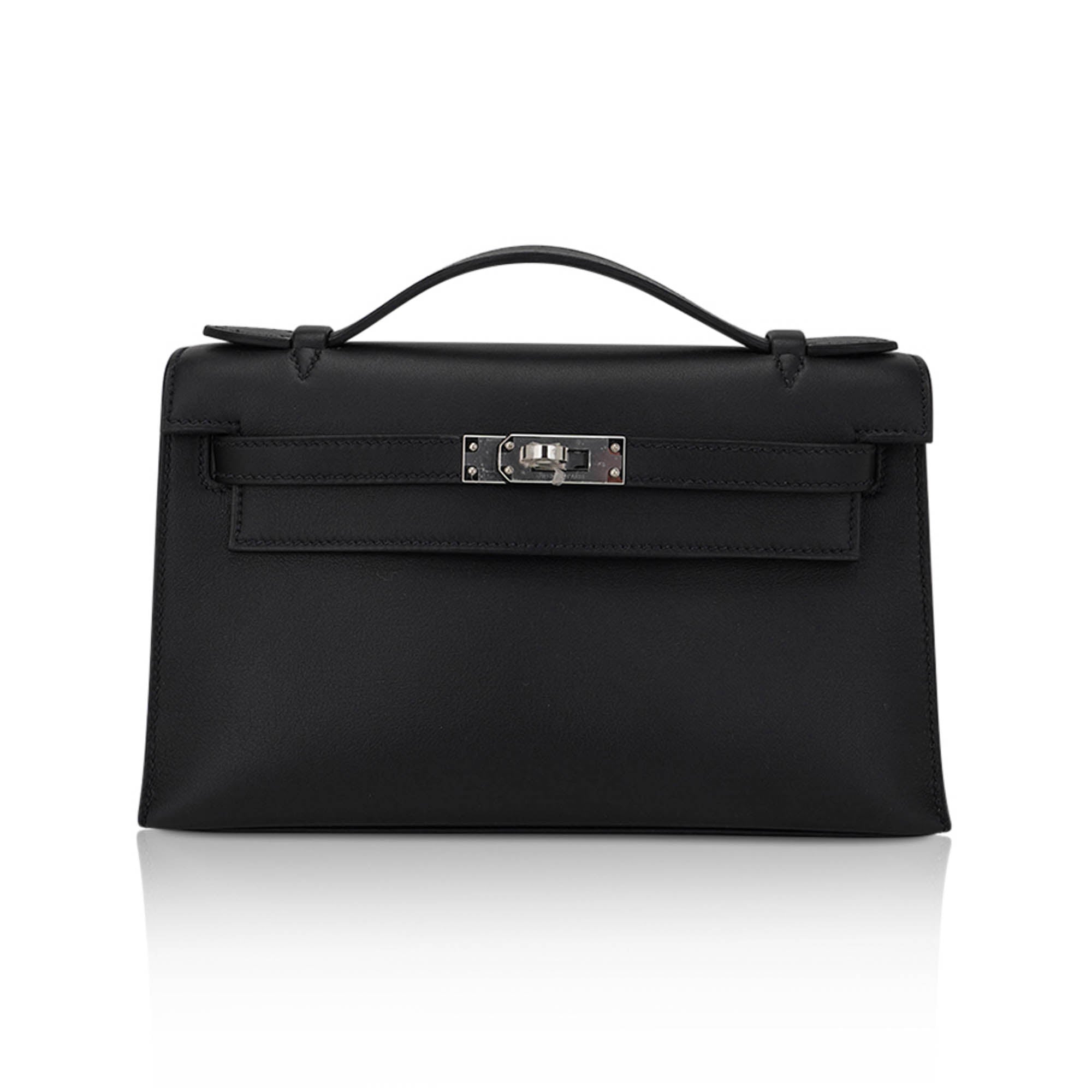 👜Kelly Pochette Clutch Bag Black Swift Leather with Palladium Hardware