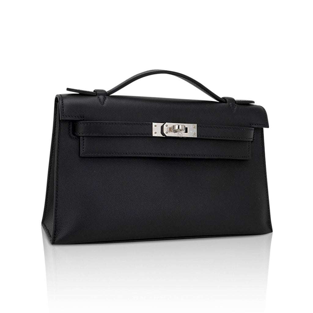 👜Kelly Pochette Clutch Bag Black Swift Leather with Palladium Hardware