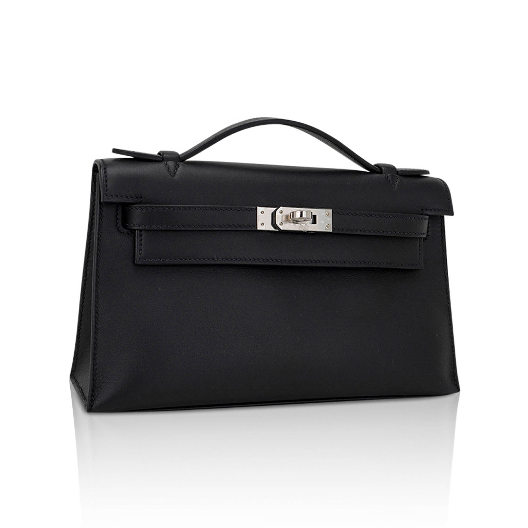 👜Kelly Pochette Clutch Bag Black Swift Leather with Palladium Hardware