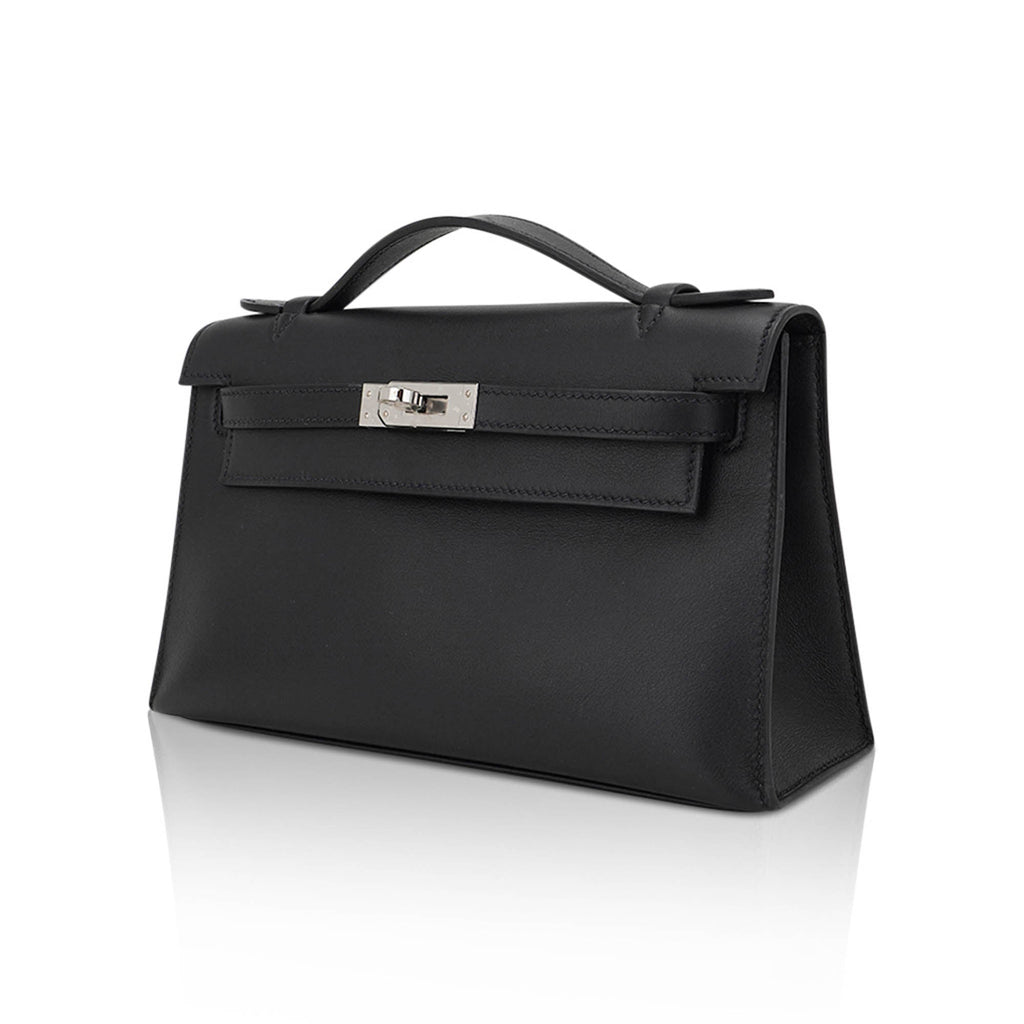 👜Kelly Pochette Clutch Bag Black Swift Leather with Palladium Hardware