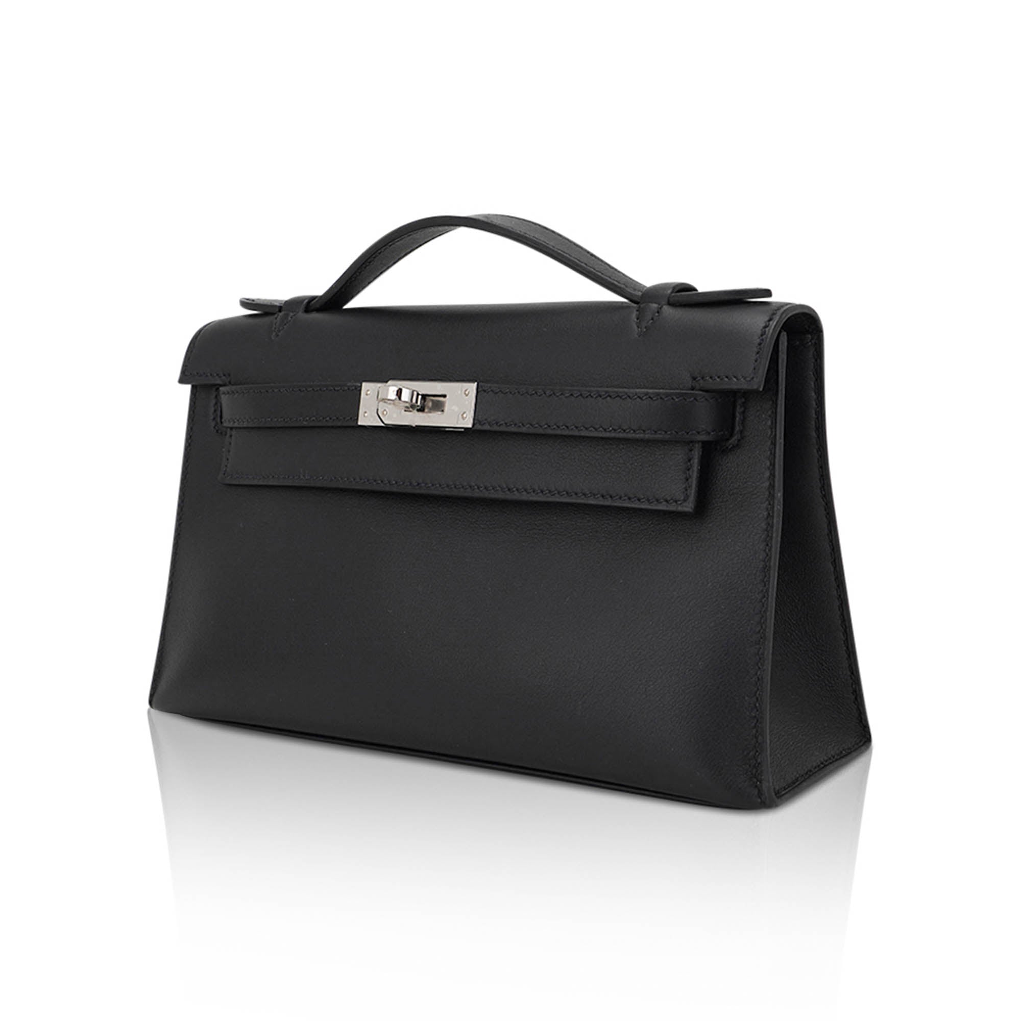 👜Kelly Pochette Clutch Bag Black Swift Leather with Palladium Hardware