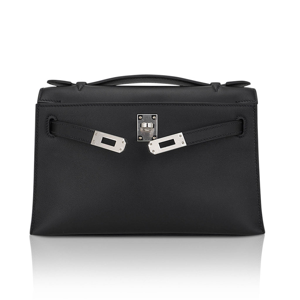 👜Kelly Pochette Clutch Bag Black Swift Leather with Palladium Hardware