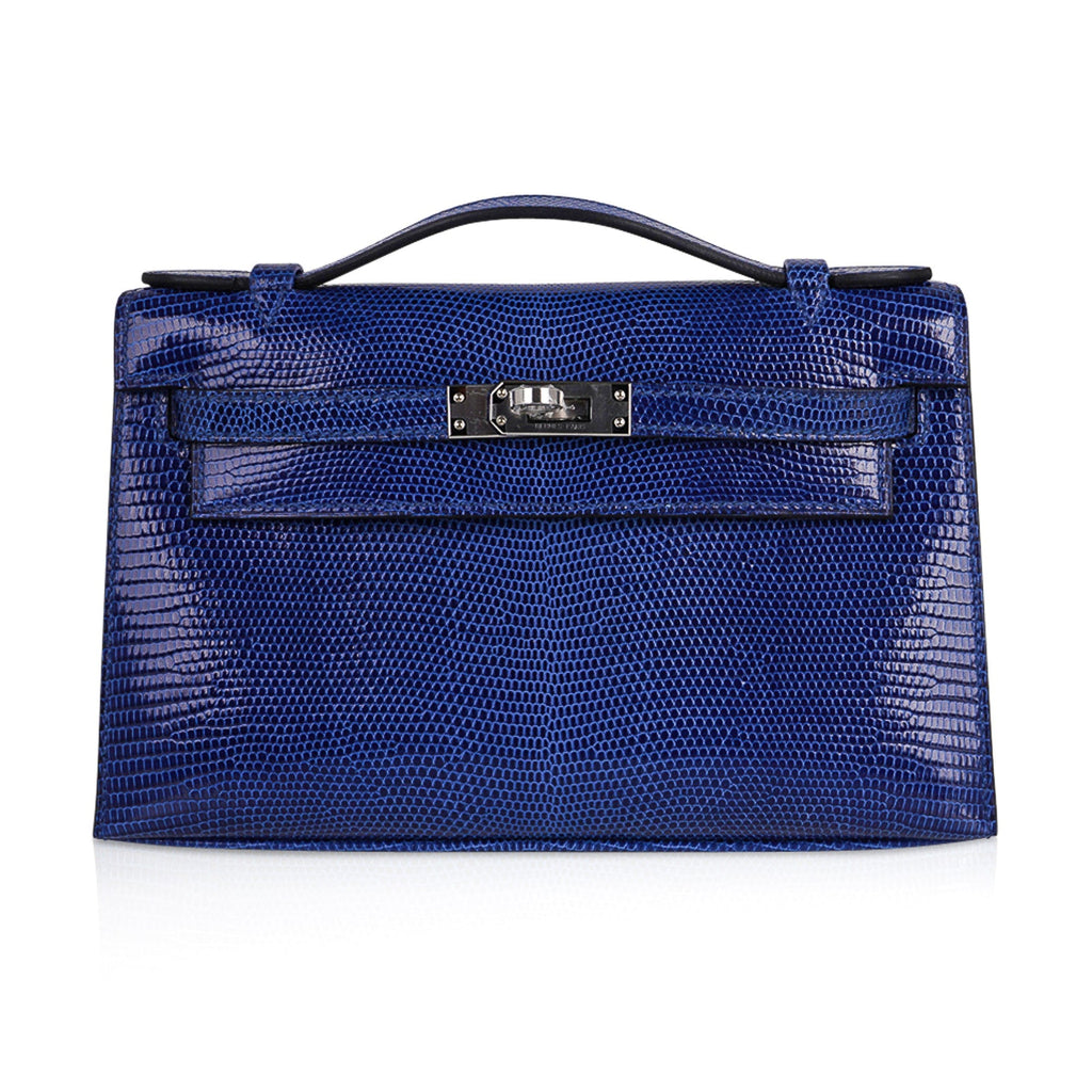 👜Kelly Pochette Bag Blue Sapphire Lizard Clutch Palladium Hardware