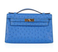 👜Kelly Pochette Bag Bleuet Ostrich Clutch Gold Hardware