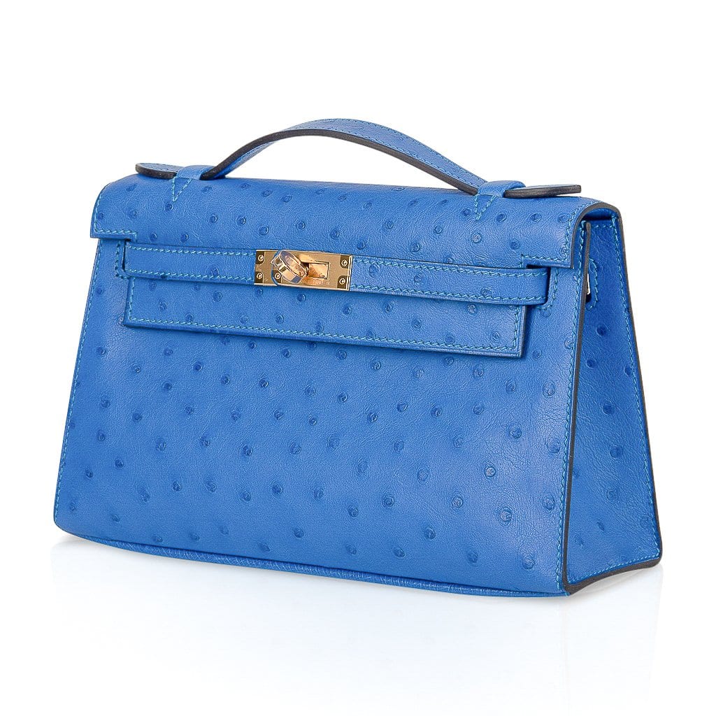 👜Kelly Pochette Bag Bleuet Ostrich Clutch Gold Hardware