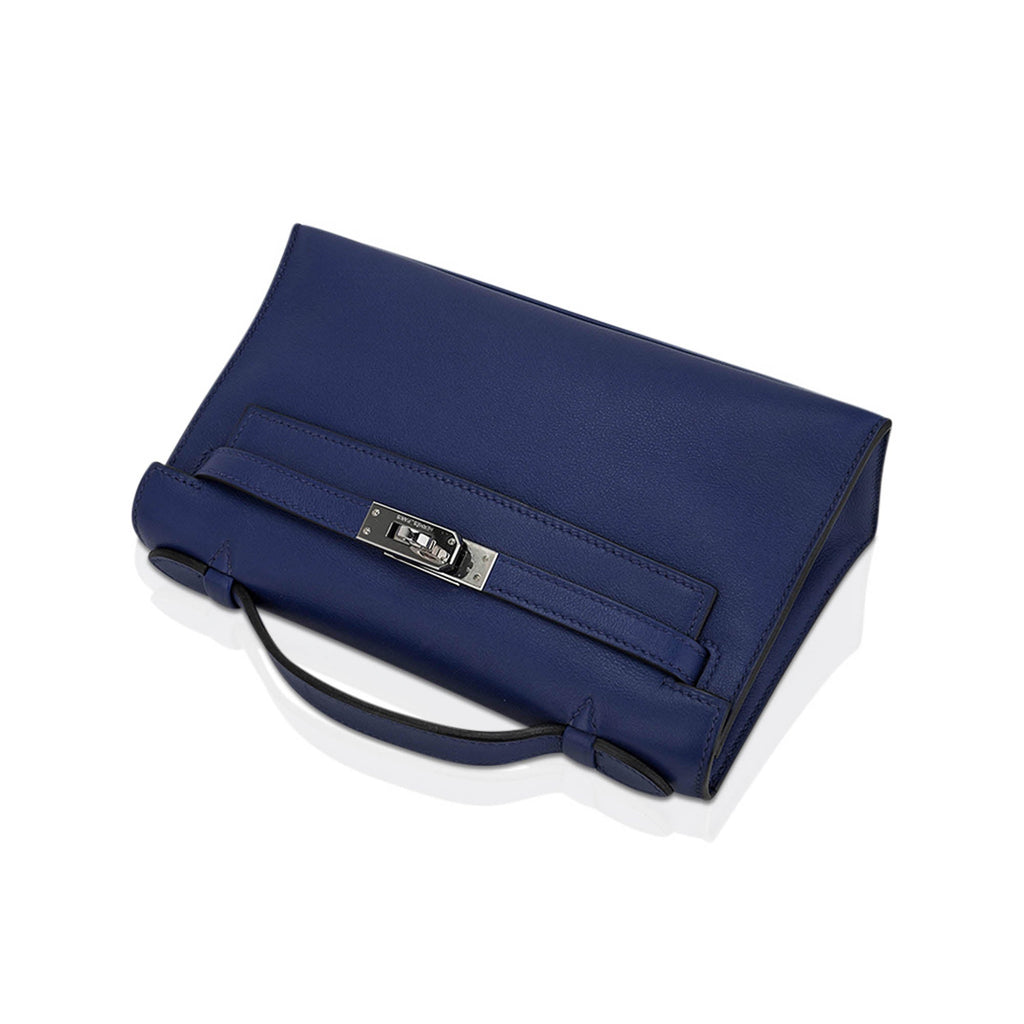 👜Kelly Pochette Clutch Bag Blue Sapphire Swift Leather with Palladium Hardware