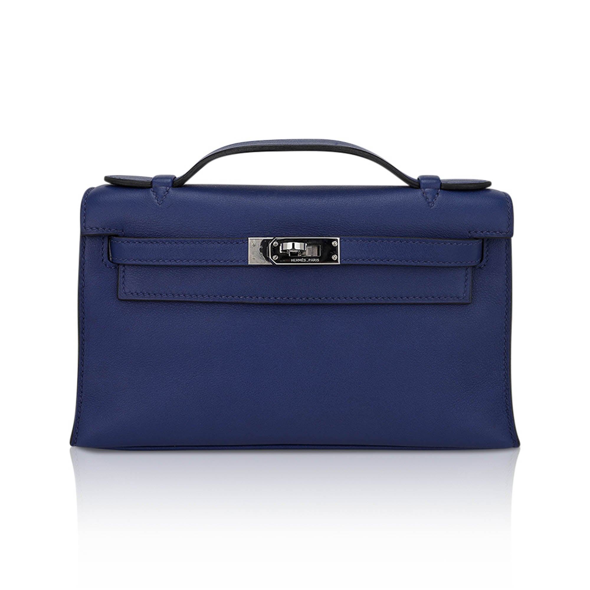 👜Kelly Pochette Clutch Bag Blue Sapphire Swift Leather with Palladium Hardware