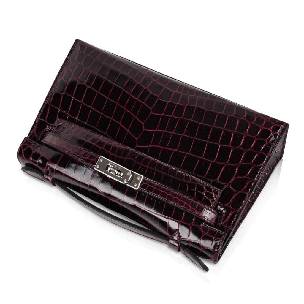 👜Kelly Pochette Clutch Bag Bordeaux Crocodile Jewel Toned Palladium