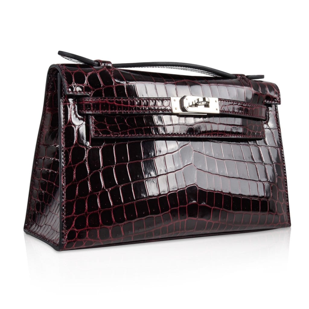 👜Kelly Pochette Clutch Bag Bordeaux Crocodile Jewel Toned Palladium