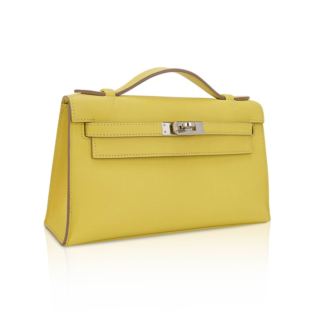 👜Kelly Pochette Clutch Bag Jaune De Naples Swift Leather with Palladium Hardware