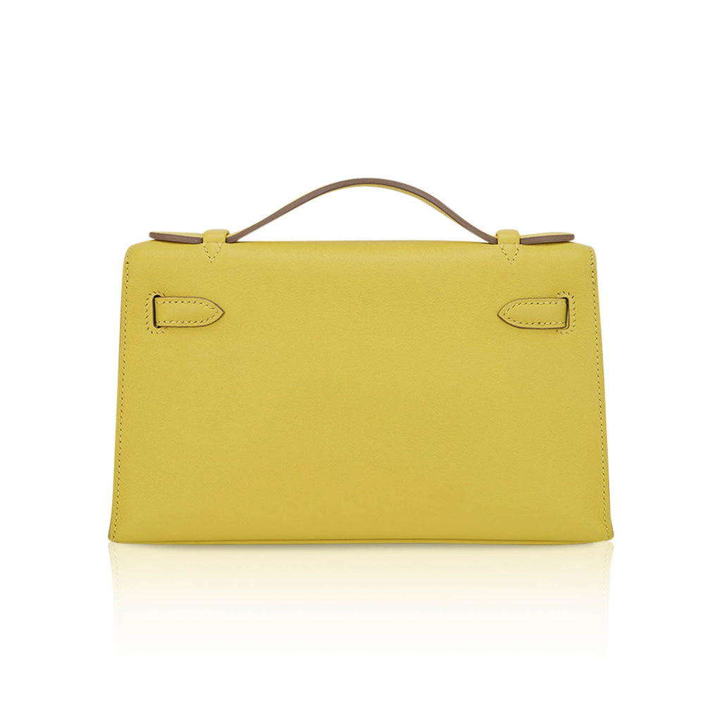 👜Kelly Pochette Clutch Bag Jaune De Naples Swift Leather with Palladium Hardware
