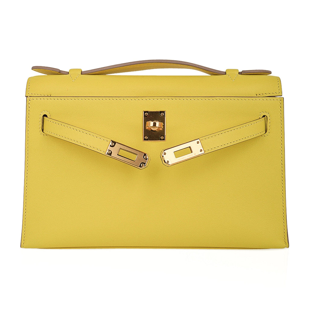 👜Kelly Pochette Bag Lime Clutch Gold Hardware Swift Leather