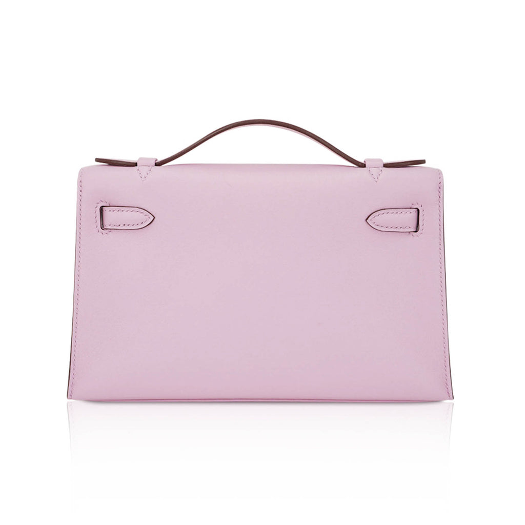👜Kelly Pochette Clutch Bag Mauve Sylvestre Swift Leather with Rose Gold Hardware