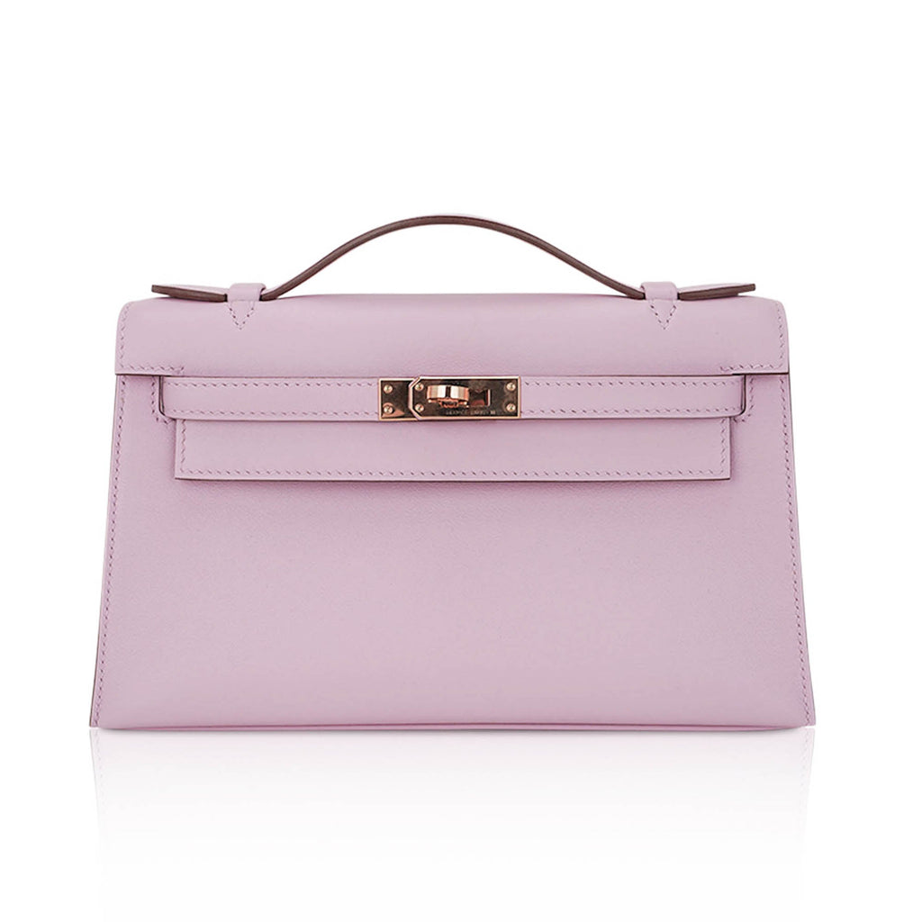 👜Kelly Pochette Clutch Bag Mauve Sylvestre Swift Leather with Rose Gold Hardware
