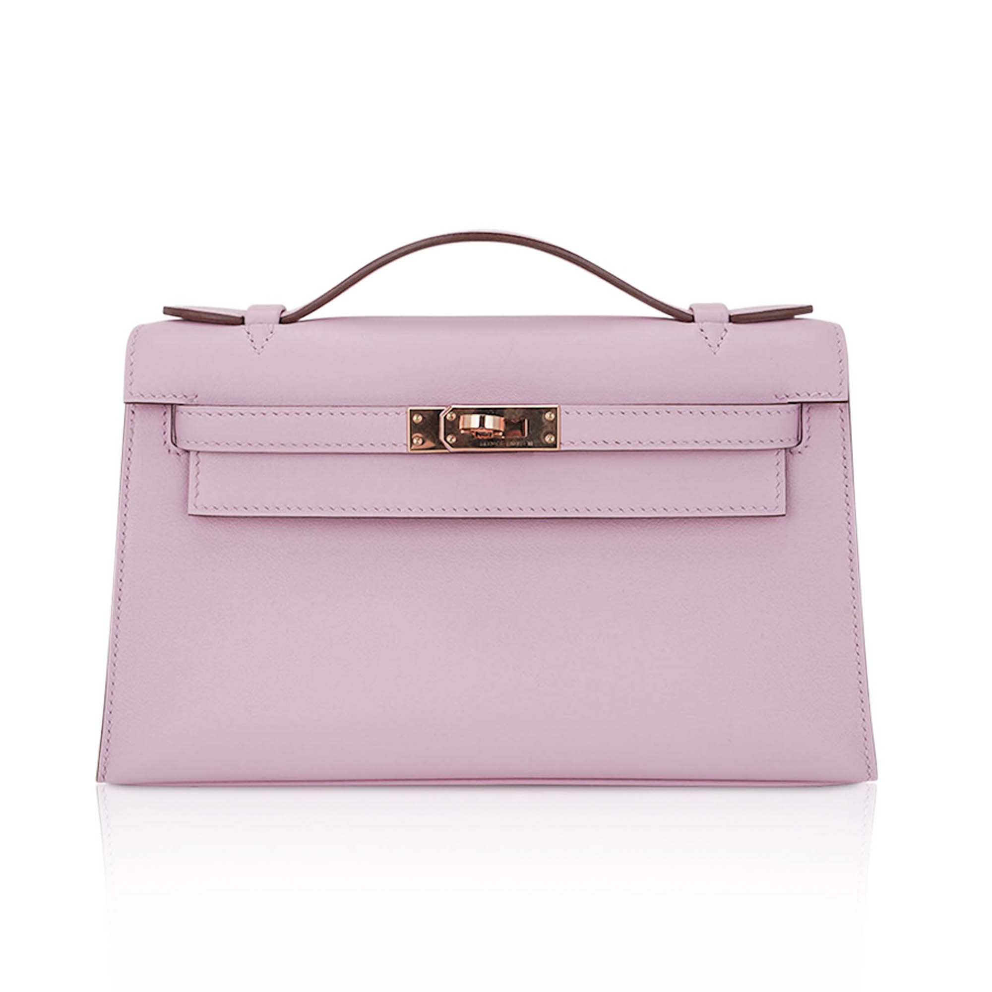 👜Kelly Pochette Clutch Bag Mauve Sylvestre Swift Leather with Rose Gold Hardware