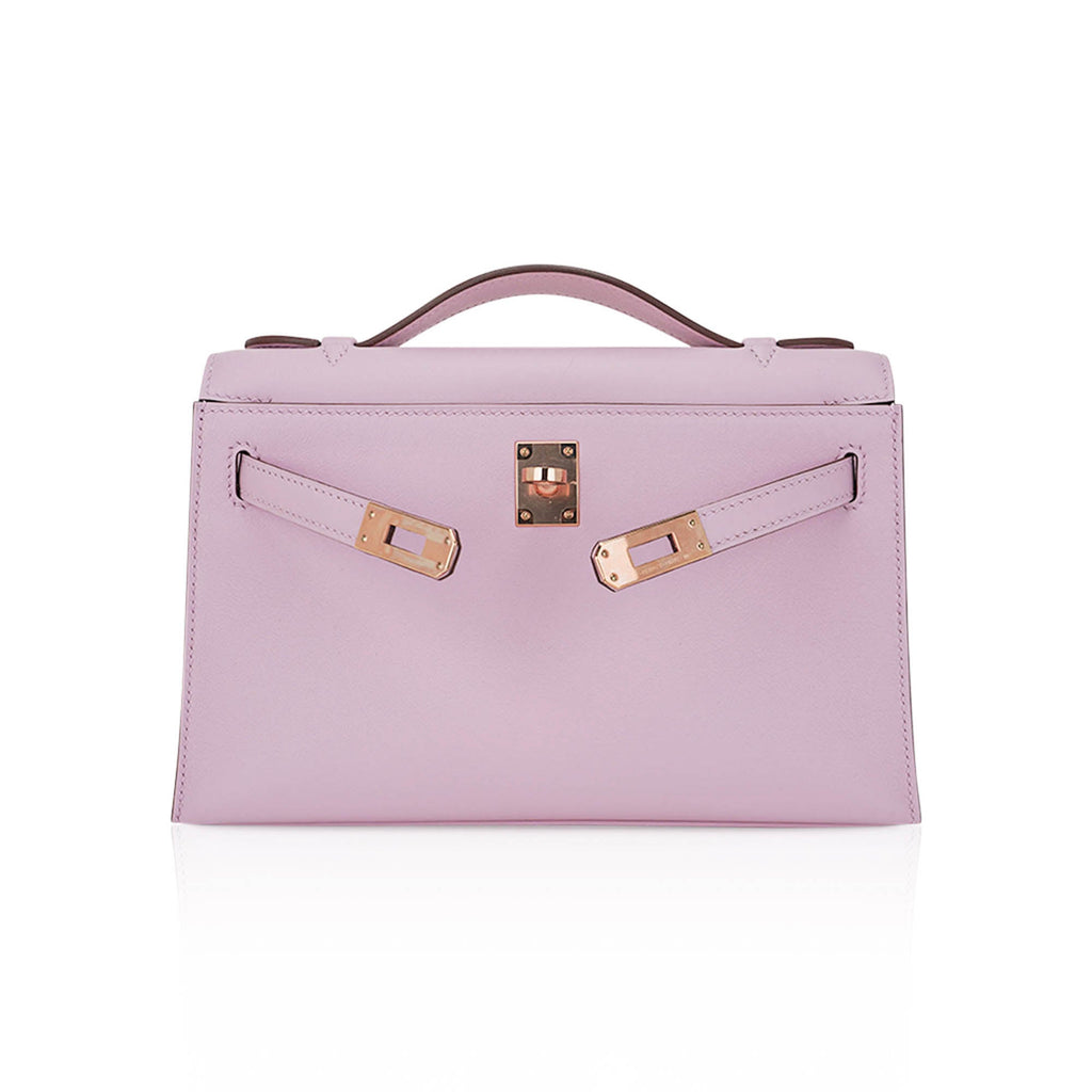 👜Kelly Pochette Clutch Bag Mauve Sylvestre Swift Leather with Rose Gold Hardware