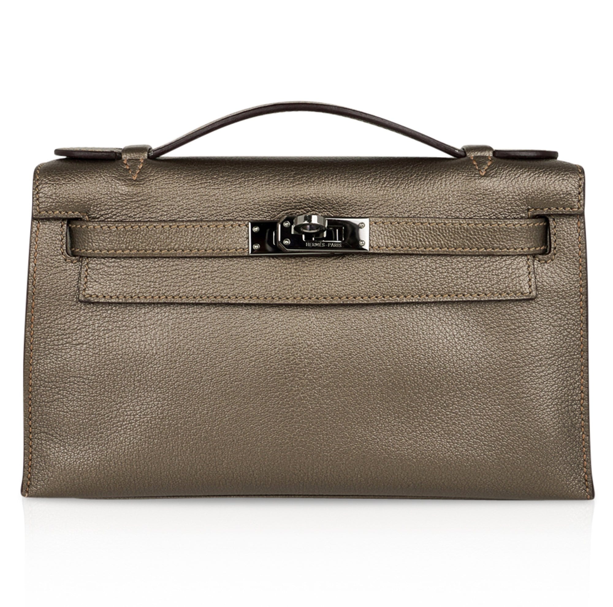 👜Kelly Pochette Metallic Bronze Clutch Bag Chevre Palladium