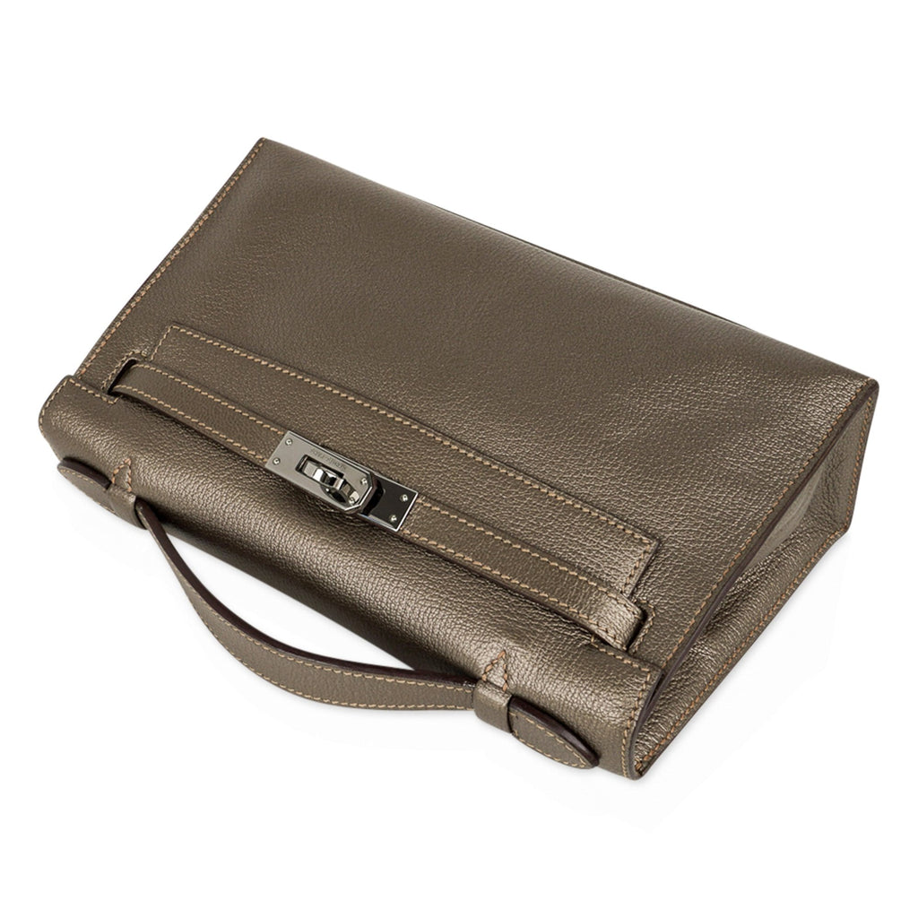 👜Kelly Pochette Metallic Bronze Clutch Bag Chevre Palladium