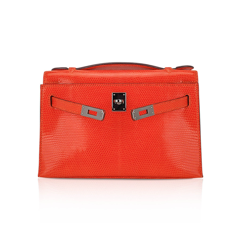 👜Kelly Pochette Clutch Bag Tangerine Lizard with Ruthinium Hardware