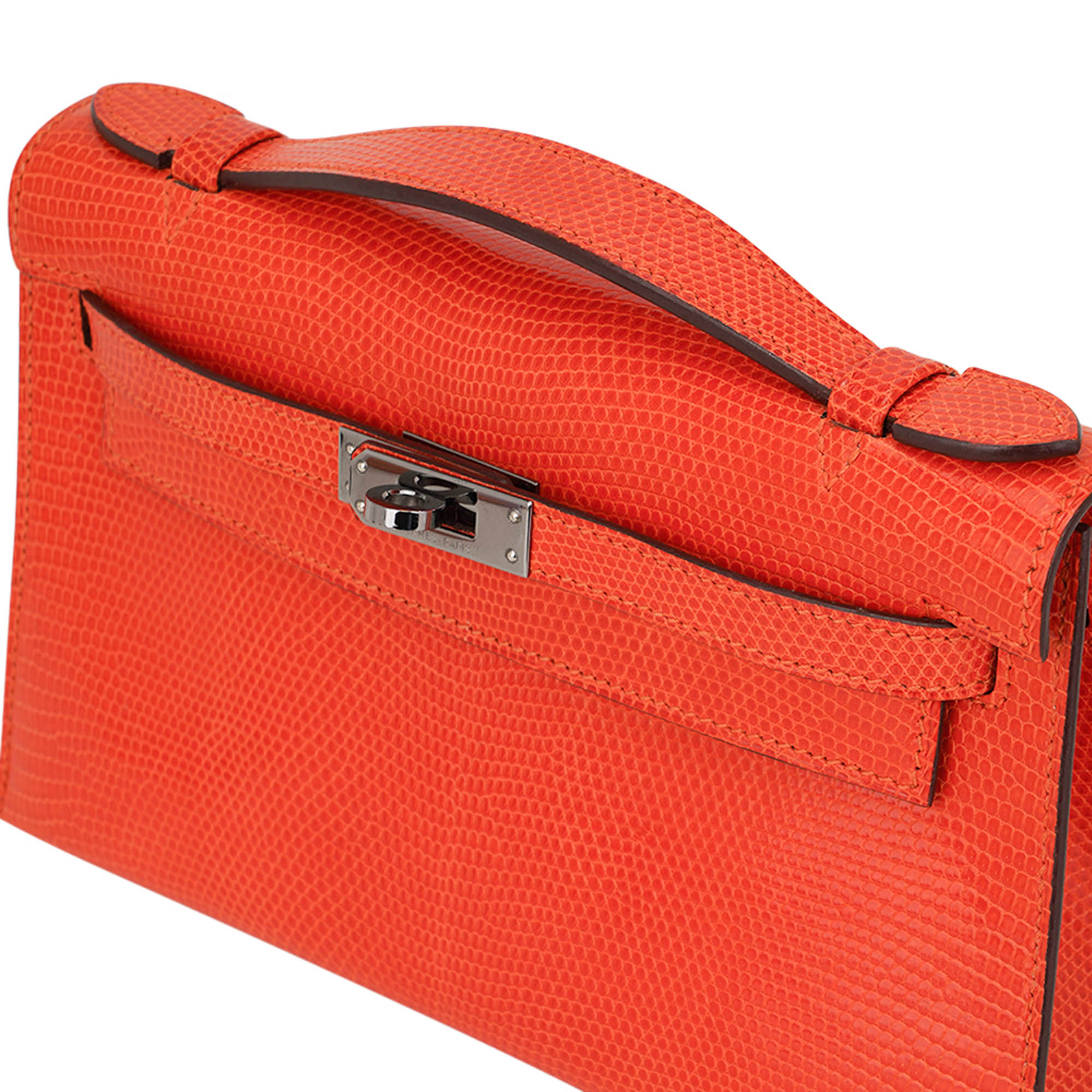 👜Kelly Pochette Clutch Bag Tangerine Lizard with Ruthinium Hardware