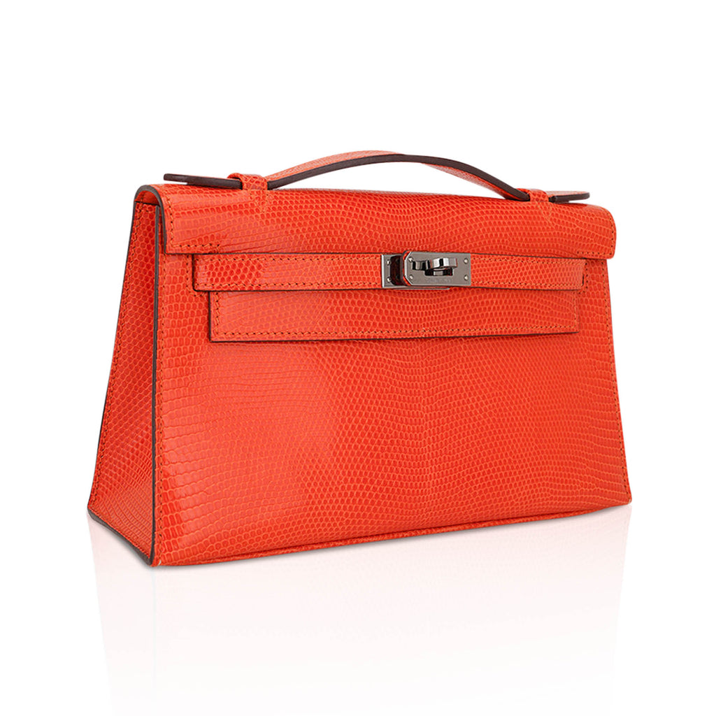 👜Kelly Pochette Clutch Bag Tangerine Lizard with Ruthinium Hardware