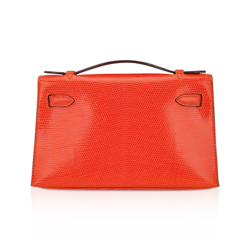 👜Kelly Pochette Clutch Bag Tangerine Lizard with Ruthinium Hardware