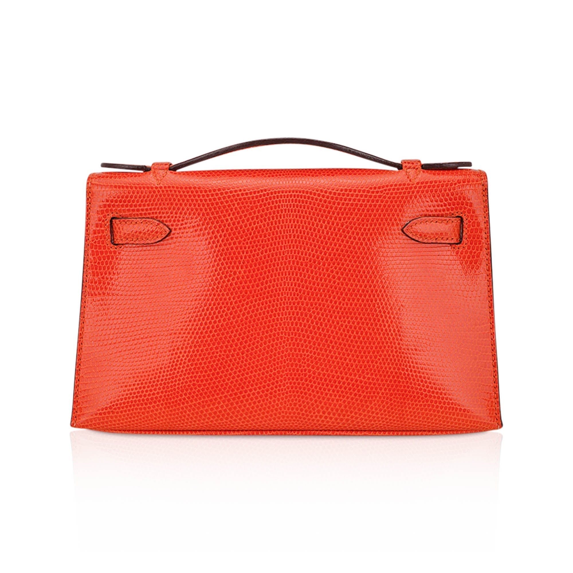 👜Kelly Pochette Clutch Bag Tangerine Lizard with Ruthinium Hardware