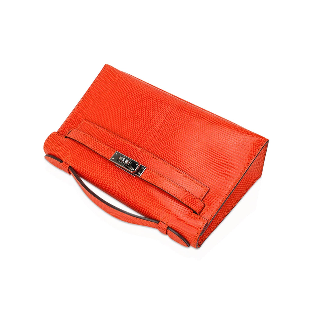 👜Kelly Pochette Clutch Bag Tangerine Lizard with Ruthinium Hardware