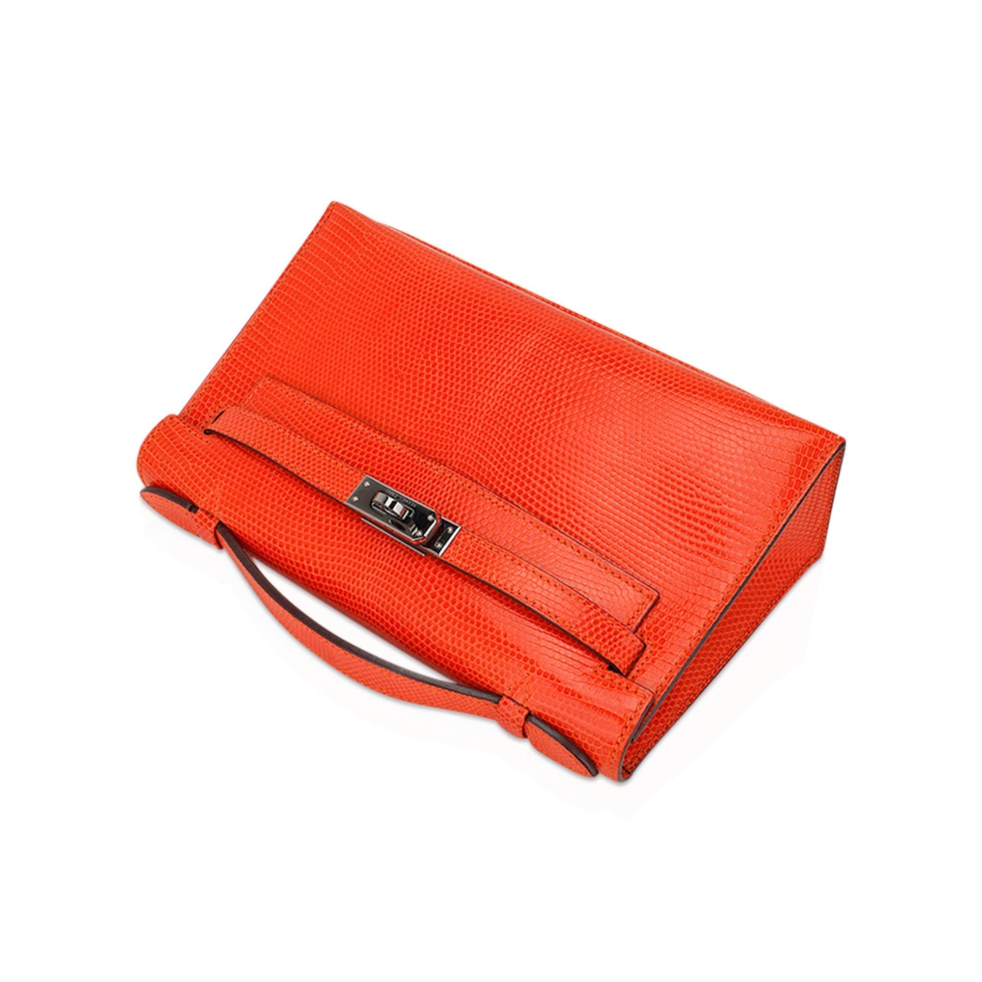 👜Kelly Pochette Clutch Bag Tangerine Lizard with Ruthinium Hardware