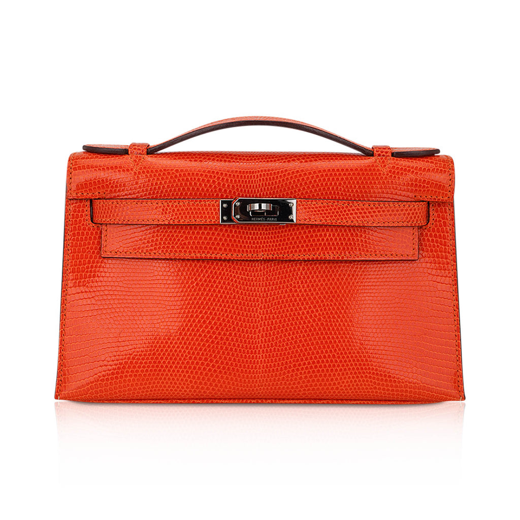 👜Kelly Pochette Clutch Bag Tangerine Lizard with Ruthinium Hardware