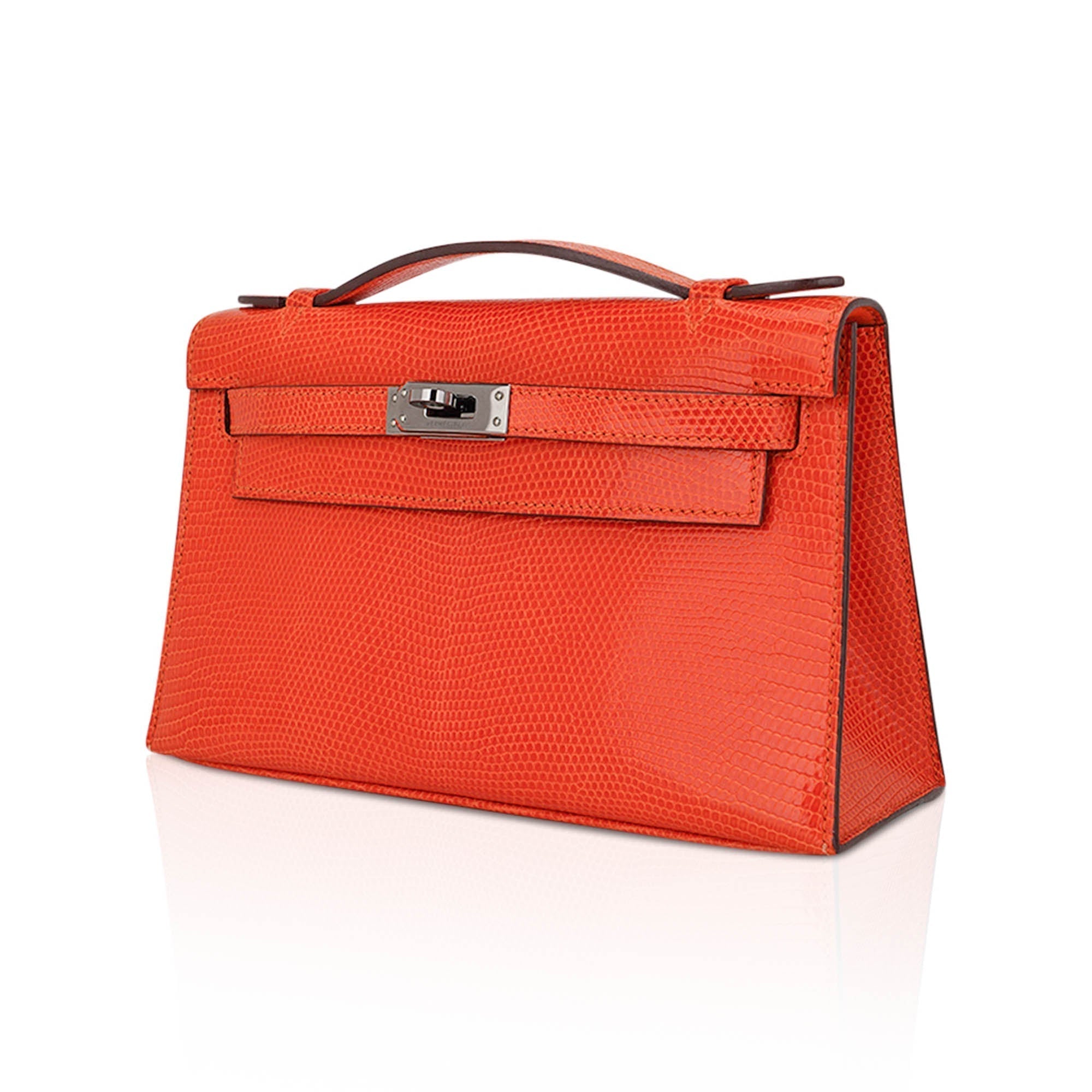 👜Kelly Pochette Clutch Bag Tangerine Lizard with Ruthinium Hardware