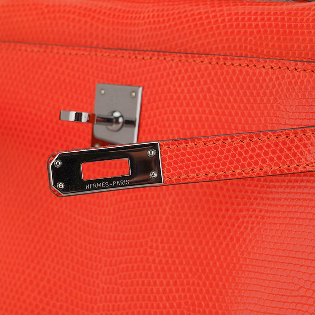 👜Kelly Pochette Clutch Bag Tangerine Lizard with Ruthinium Hardware