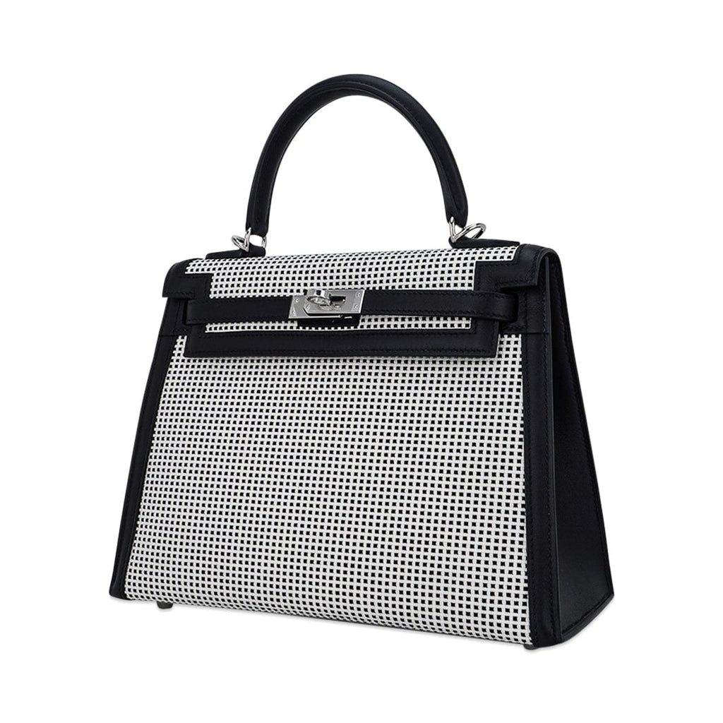 👜Kelly 25 Sellier Bag Quadrille Black & White Viking Toile Swift Leather with Palladium Hardware