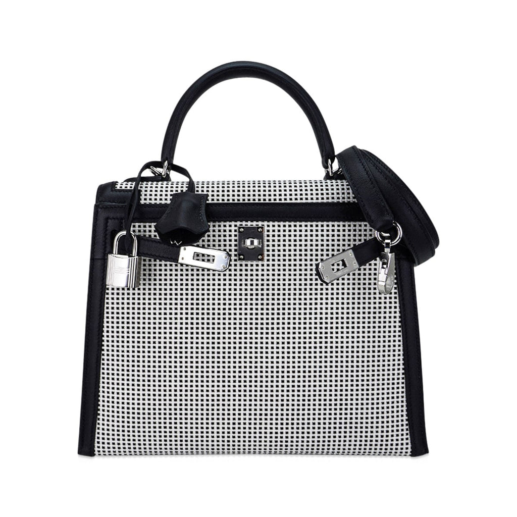 👜Kelly 25 Sellier Bag Quadrille Black & White Viking Toile Swift Leather with Palladium Hardware