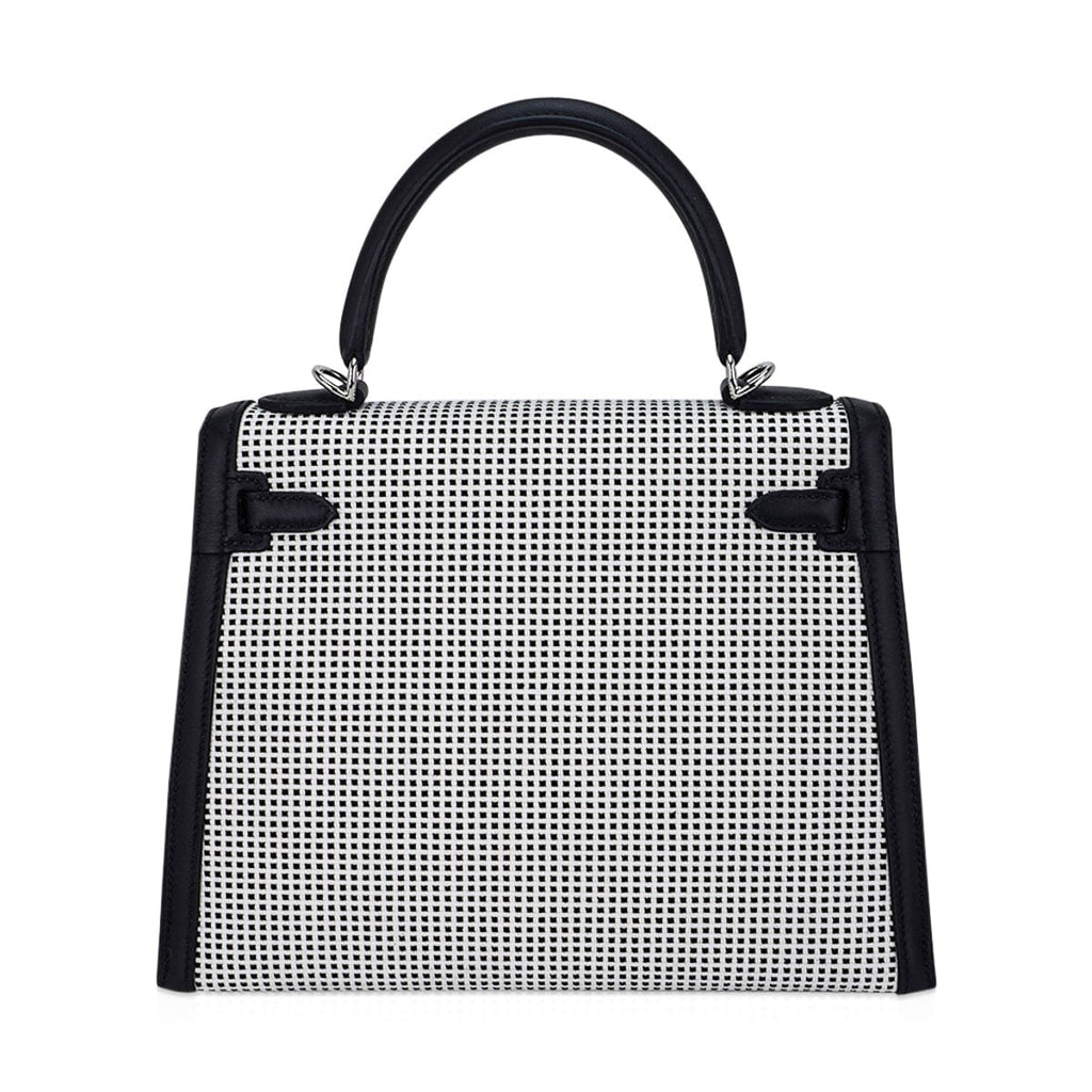 👜Kelly 25 Sellier Bag Quadrille Black & White Viking Toile Swift Leather with Palladium Hardware
