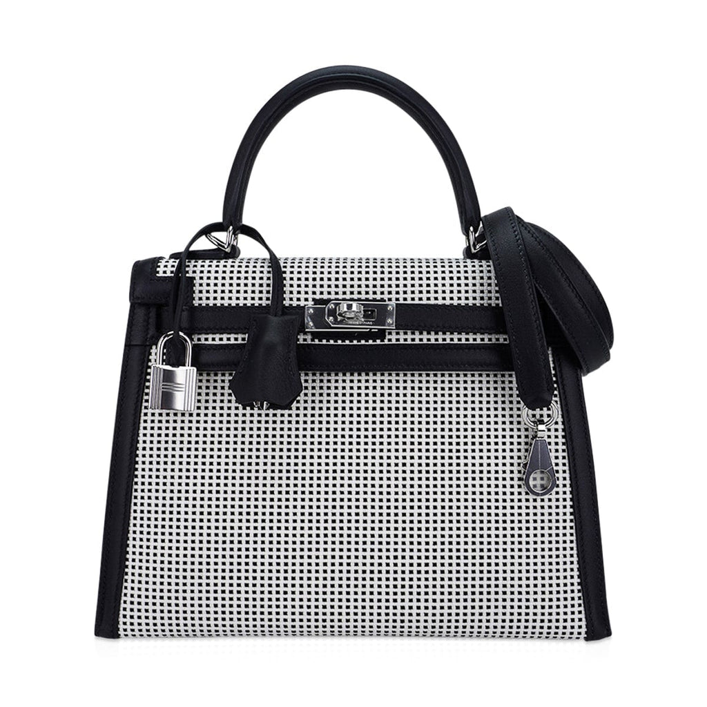 👜Kelly 25 Sellier Bag Quadrille Black & White Viking Toile Swift Leather with Palladium Hardware