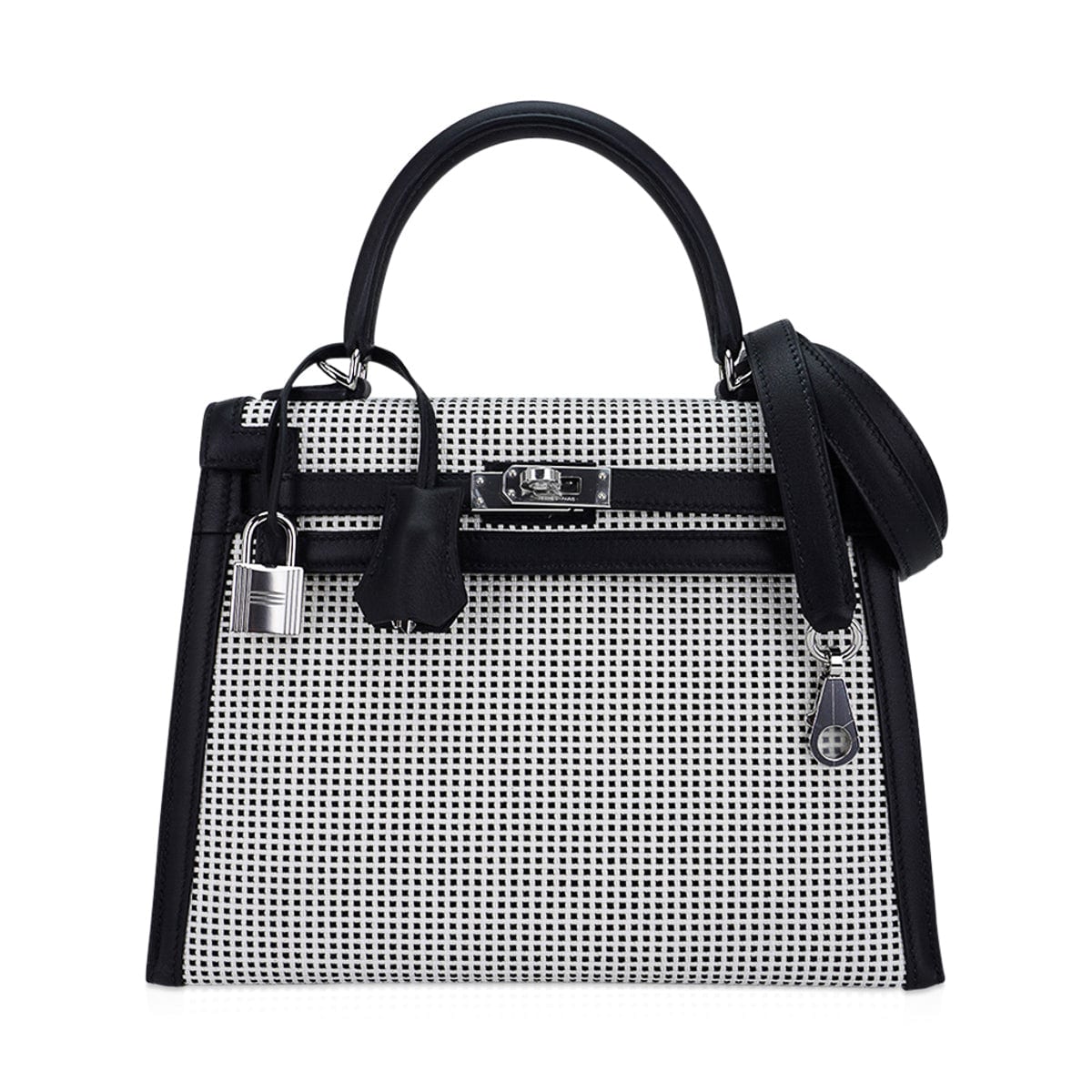👜Kelly 25 Sellier Bag Quadrille Black & White Viking Toile Swift Leather with Palladium Hardware