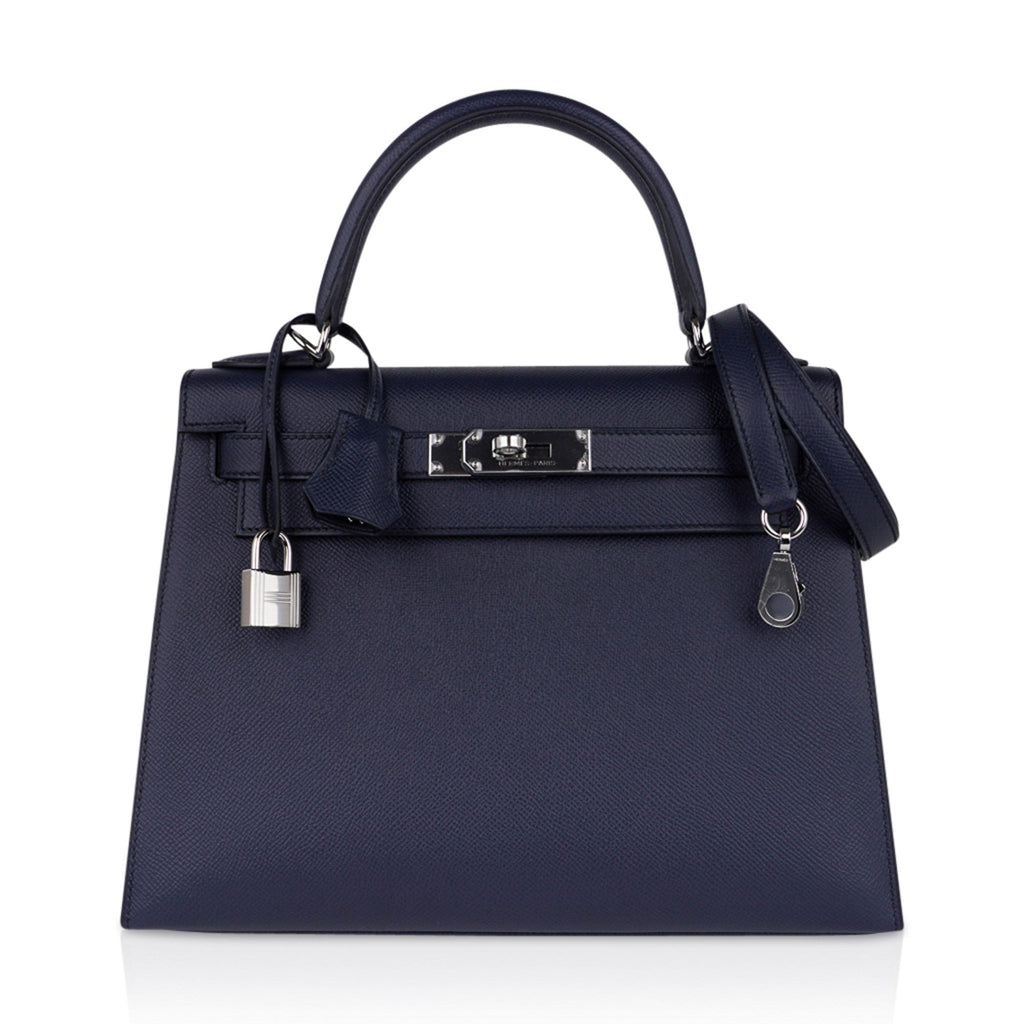 👜Kelly 28 Bag Blue Indigo Sellier Epsom Palladium Hardware New/Box