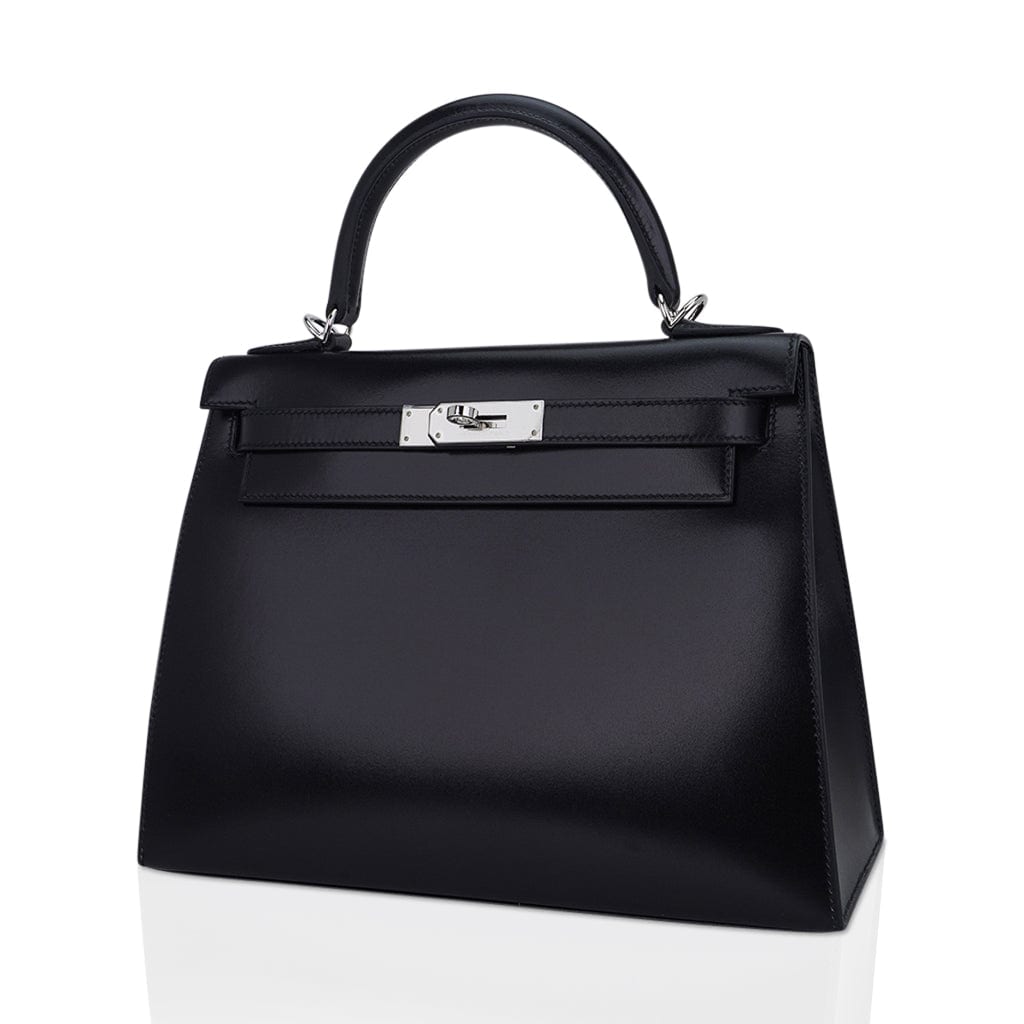 👜Kelly 28 Sellier Bag Black Box Leather with Palladium Hardware