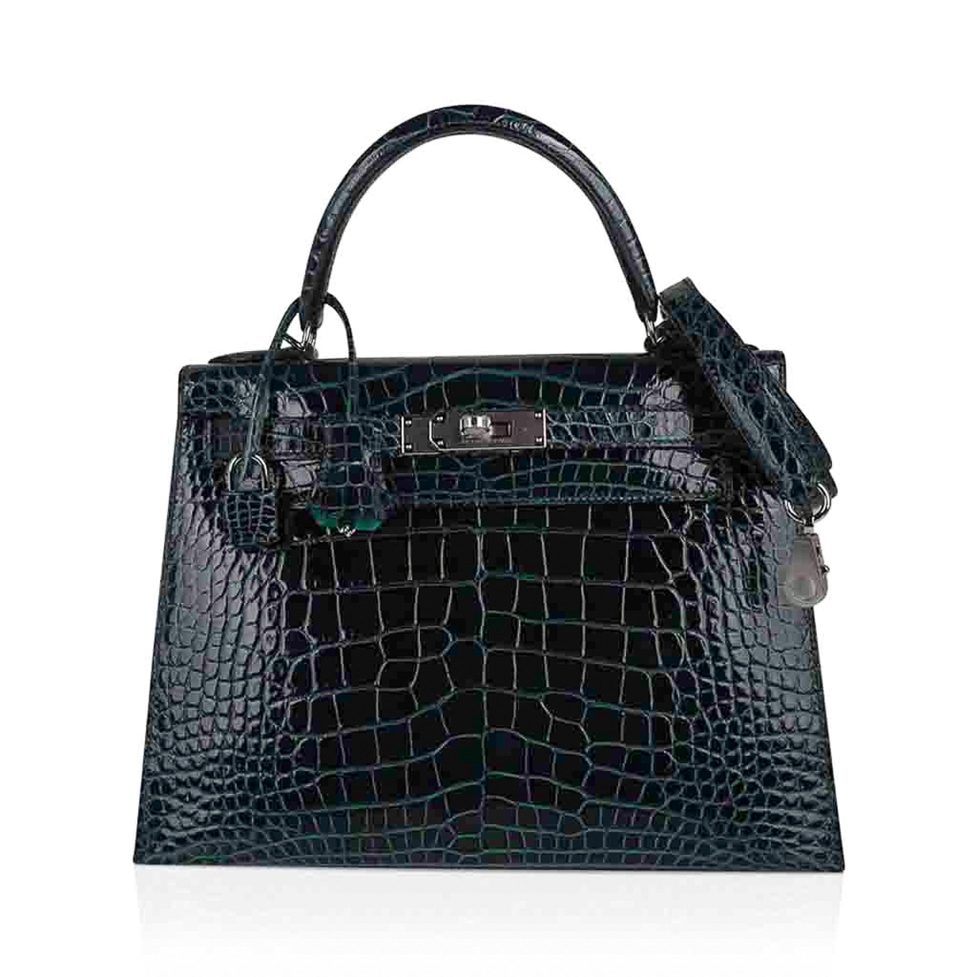 👜Kelly 28 Sellier Verso Vert Cypress / Vert Jade Bag Alligator Palladium Hardware