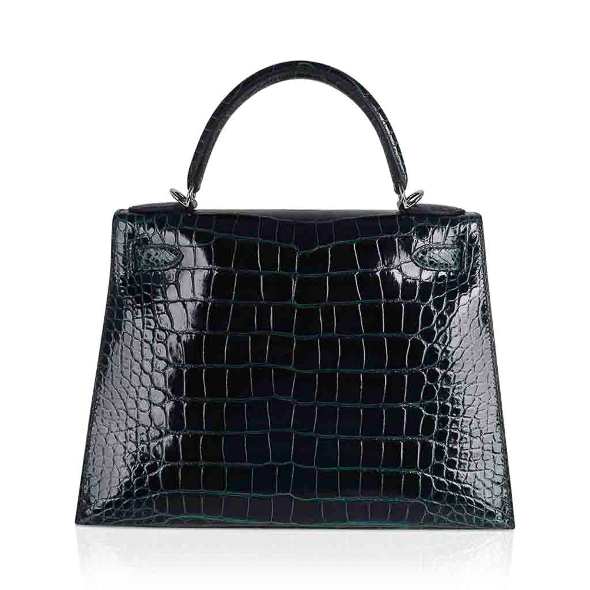 👜Kelly 28 Sellier Verso Vert Cypress / Vert Jade Bag Alligator Palladium Hardware